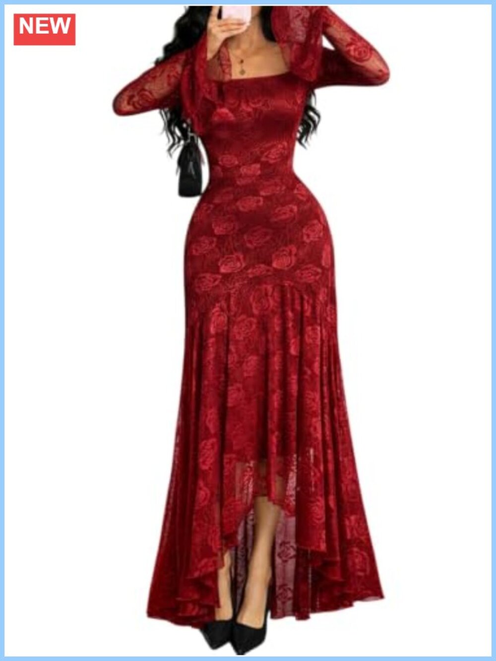 Lace Dress Bell Sleeve Square Neck Asymmetrical Hem Formal Party Outfit